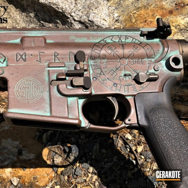Distressed Sig Sauer Ar Cerakoted Using Plum Brown, Zombie Green And Sky Blue