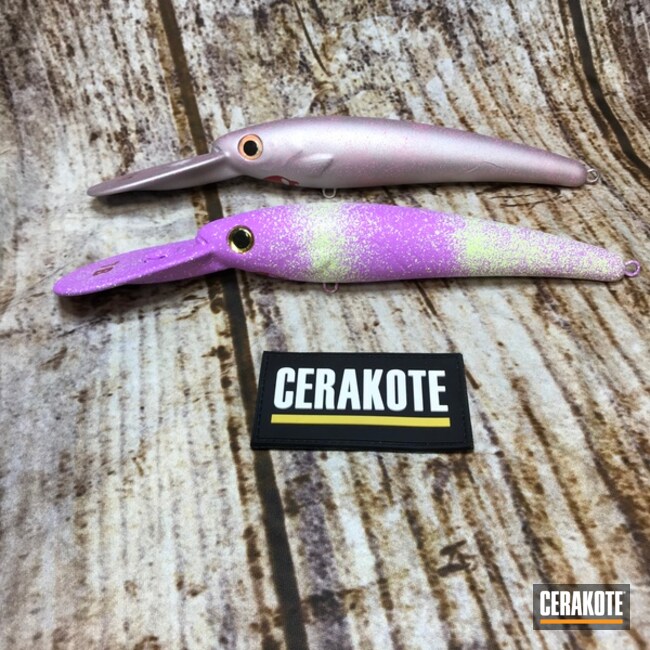 Fishing Lures Cerakoted using Satin Aluminum, Pink Sherbet and Purplexed