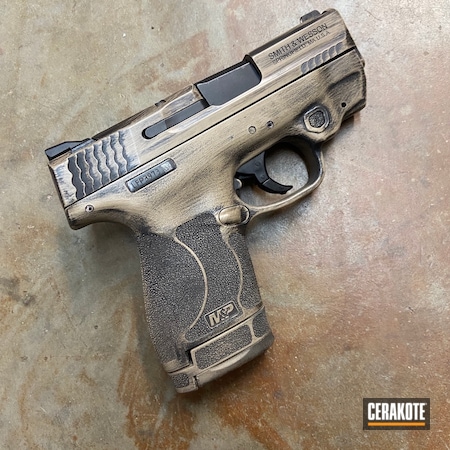 Powder Coating: 9mm,Graphite Black H-146,Smith & Wesson,M&P Shield,S.H.O.T,DESERT SAND H-199,Pistol,Holster,Magazine,Battleworn