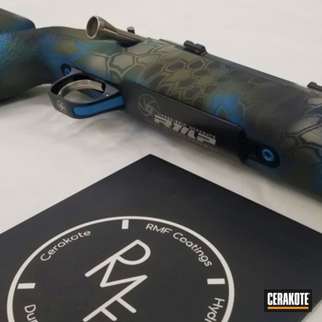 Kryptek Pattern Rifle Cerakoted Using Snow White, Graphite Black And Blue Titanium