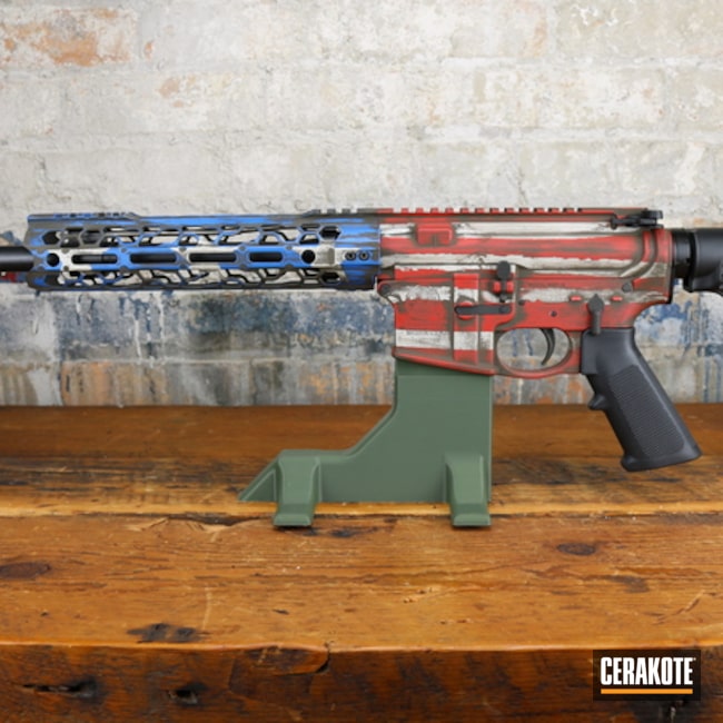 Battleworn American Flag Ar Cerakoted Using Frost, A.i. Dark Earth And Nra Blue