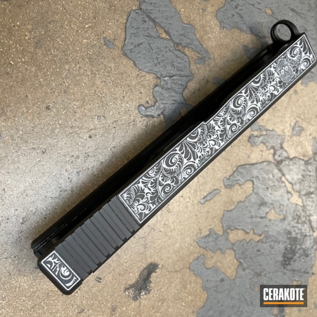 Custom Laser Engraved Glock Slide Cerakoted Using Crushed Silver And Graphite Black