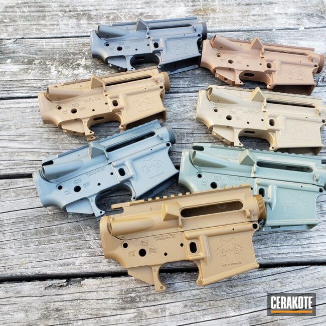 Group Of Upper And Lowers Cerakoted Using Troy® Coyote Tan, A.i. Dark Earth And Jungle