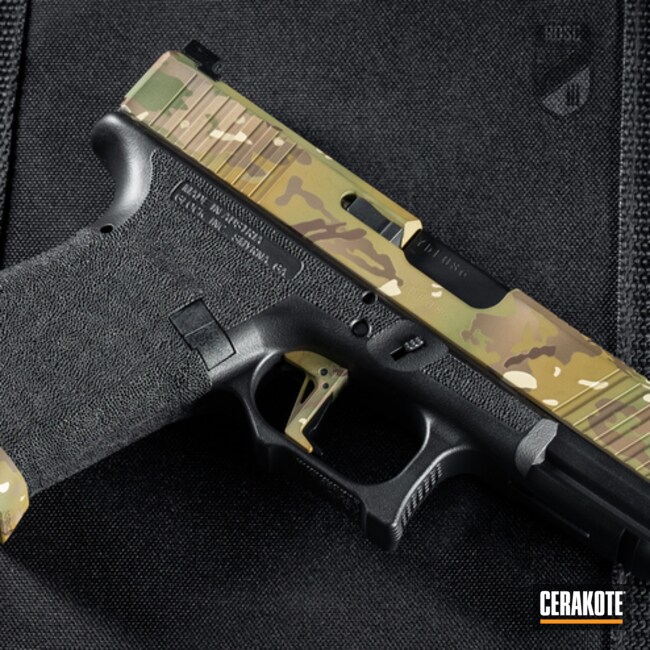 Multicam Glock 19 Cerakoted Using Desert Sand, Multicam® Pale Green And Benelli® Sand