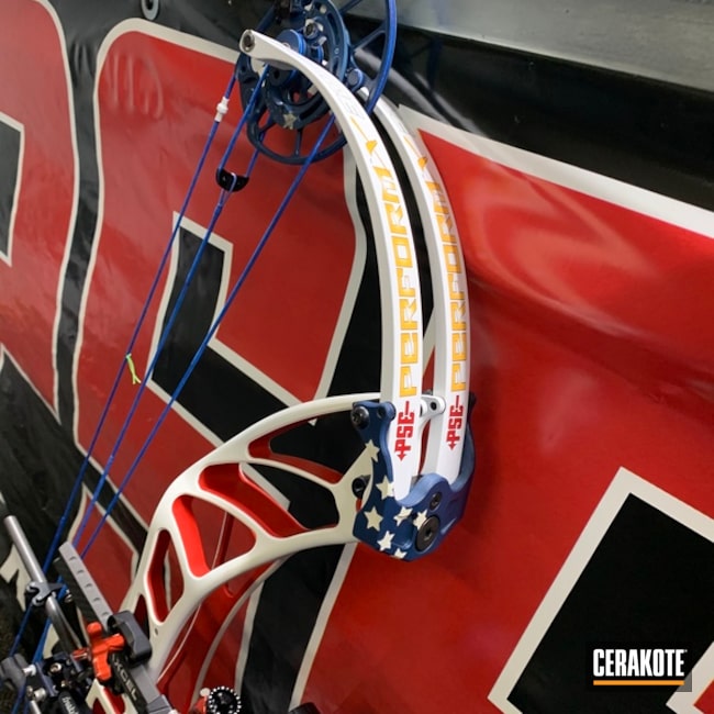 Compound Bow Cerakoted Using Kel-tec® Navy Blue, Bright White And Usmc Red
