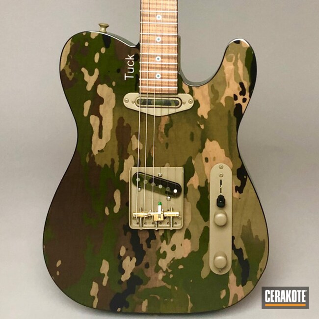 Multicam Electric Guitar Cerakoted Using Patriot Brown, Graphite Black, Highland Green And Mcmillan Tan 