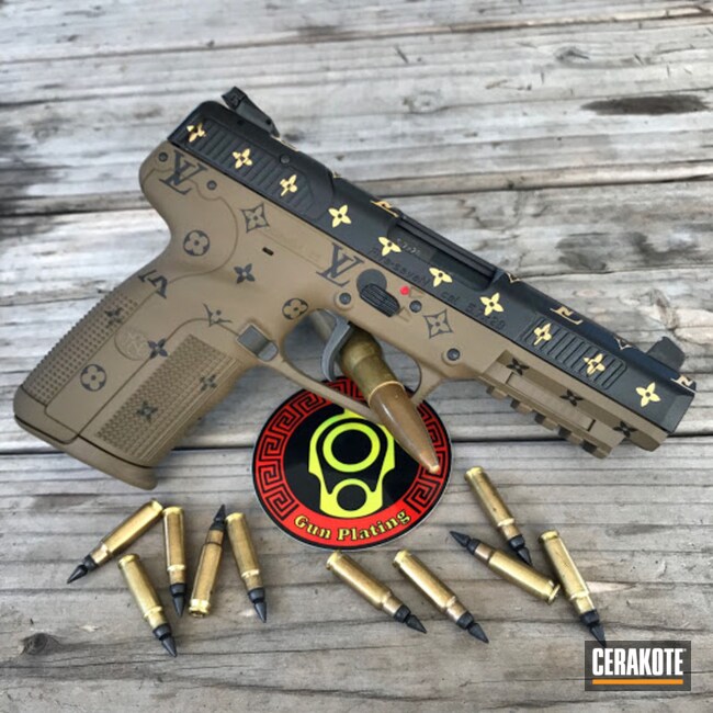Louis Vuitton Themed Fn Five-seven Cerakoted Using Glock® Fde, Graphite Black And Gold