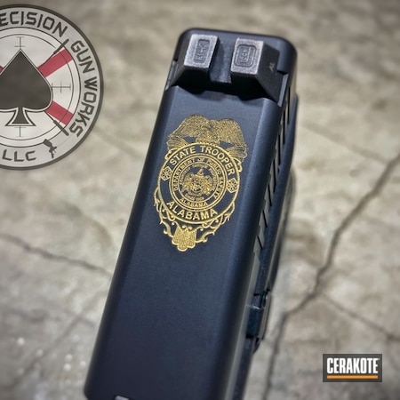 Powder Coating: State Trooper,S.H.O.T,Gold H-122,Police Badge,G22,Laser Engraved,Graphite Black H-146,Glock,Laser Engraving,Pistol,Badge,Color Fill,.40,Handgun,Glock 22