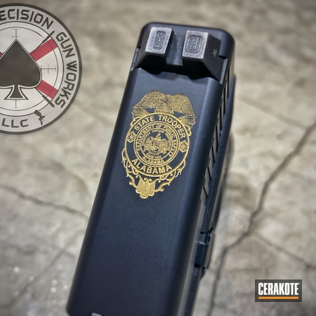 Powder Coating: State Trooper,S.H.O.T,Gold H-122,Police Badge,G22,Laser Engraved,Graphite Black H-146,Glock,Laser Engraving,Pistol,Badge,Color Fill,.40,Handgun,Glock 22