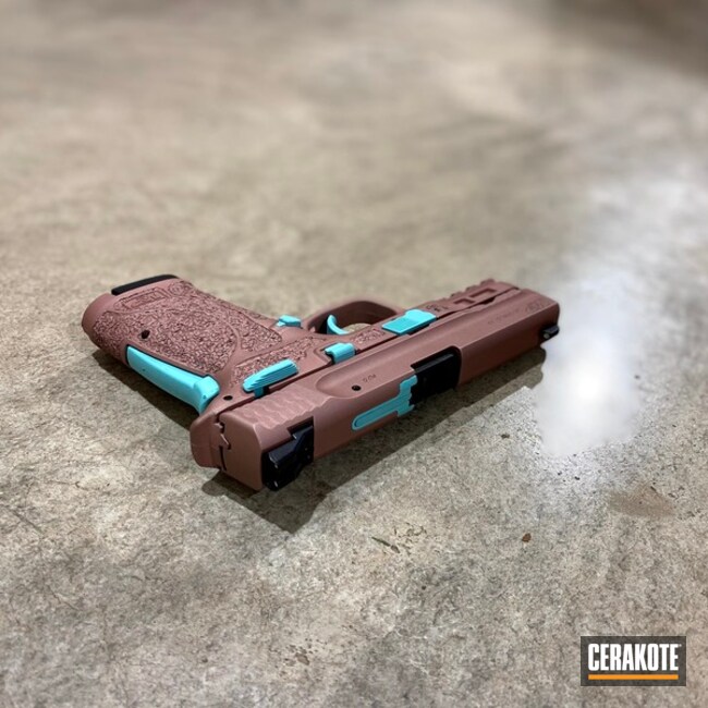Smith & Wesson M&p Shield Cerakoted Using Rose Gold And Robin's Egg Blue