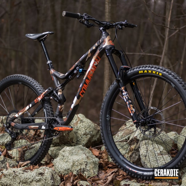 Custom Camo Commencal All Mountain Enduro Bike Cerakoted Using Barrett® Brown, Hunter Orange And Multicam® Dark Brown