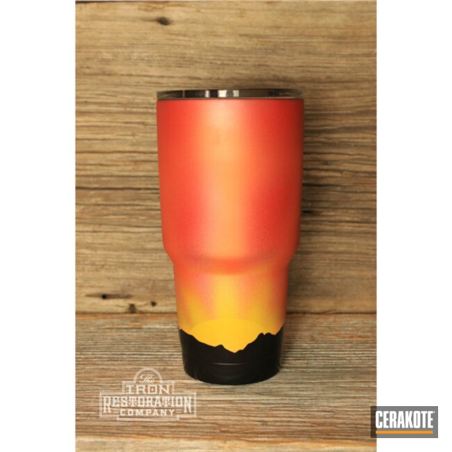Custom Sunrise Themed Yeti Tumbler Cerakoted Using Sig™ Pink, Sunflower And Tequila Sunrise