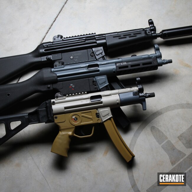 Ptr, Smg And Mp5 Cerakoted Using Satin Aluminum, Multicam® Dark Grey And Benelli® Sand