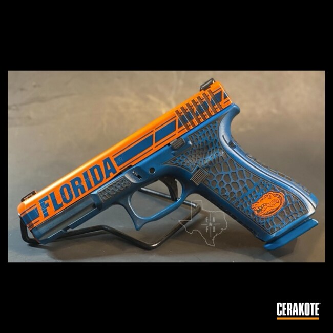 University Of Florida Themed Glock 17 Cerakoted Using Hunter Orange, Sky Blue And Graphite Black