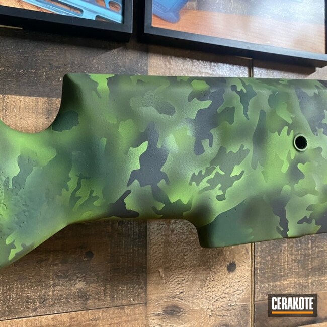 Custom Camo Manners Stock Cerakoted Using Highland Green, Zombie Green And Multicam® Bright Green