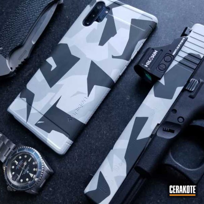 Splinter Camo Glock 19 And Phone Case Cerakoted Using Combat Grey, Snow White And Sig™ Dark Grey