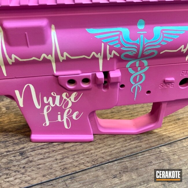 Nurse Life Themed Ar Builders Set Cerakoted Using Stormtrooper White, Prison Pink And Bright Purple