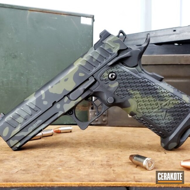 Custom Camo Staccato 2011 Pistol Cerakoted Using Sniper Green, Sig™ Dark Grey And Graphite Black