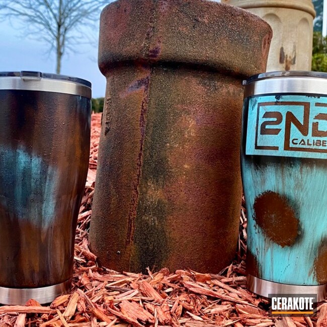 Rustic Themed Tumblers Cerakoted Using Crimson, Tequila Sunrise And Jesse James Eastern Front Green