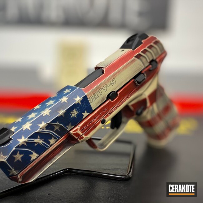 Distressed United States Flag  Ruger Pistol Cerakoted Using Crimson, Usmc Red, Graphite Black And Nra Blue
