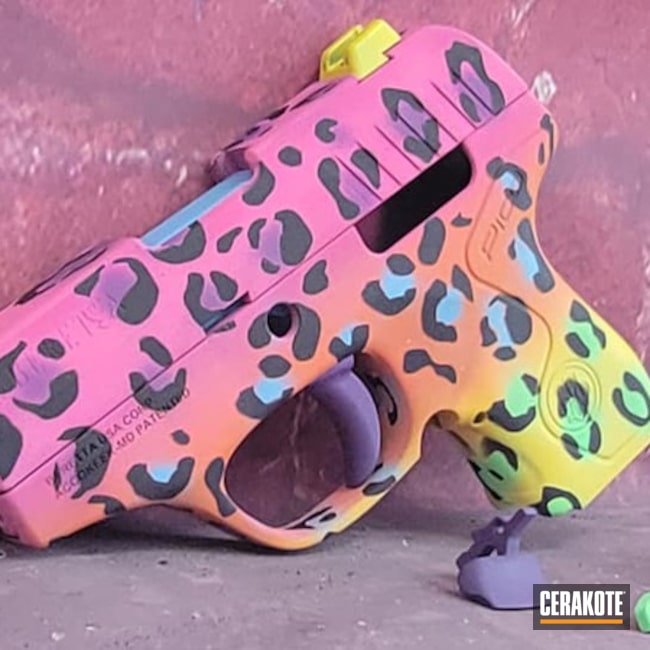 Leopard Print Themed Beretta Pico Cerakoted Using Blue Raspberry, Prison Pink And Zombie Green