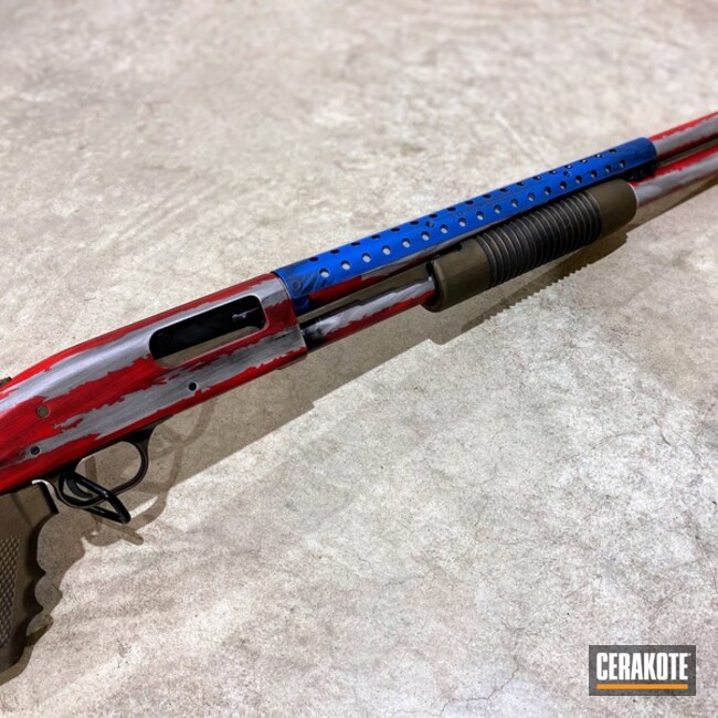 Mossberg 500 Persuader Cerakoted Using Hidden White, Usmc Red And Nra Blue