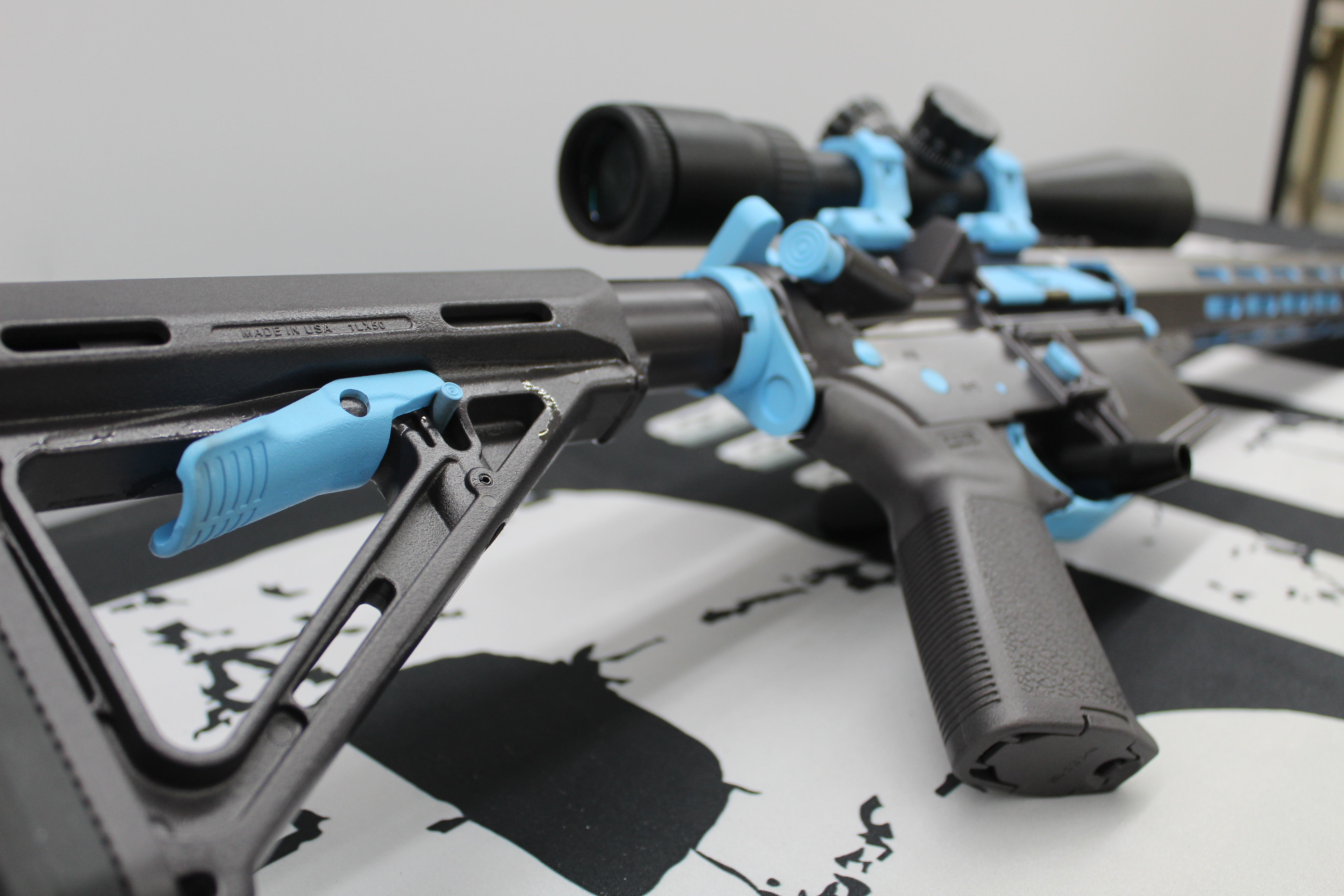 Ar 15 Blue Raspberry Custom AR Rifle Cerakoted using Blue Raspberry and Carbon Grey | Cerakote