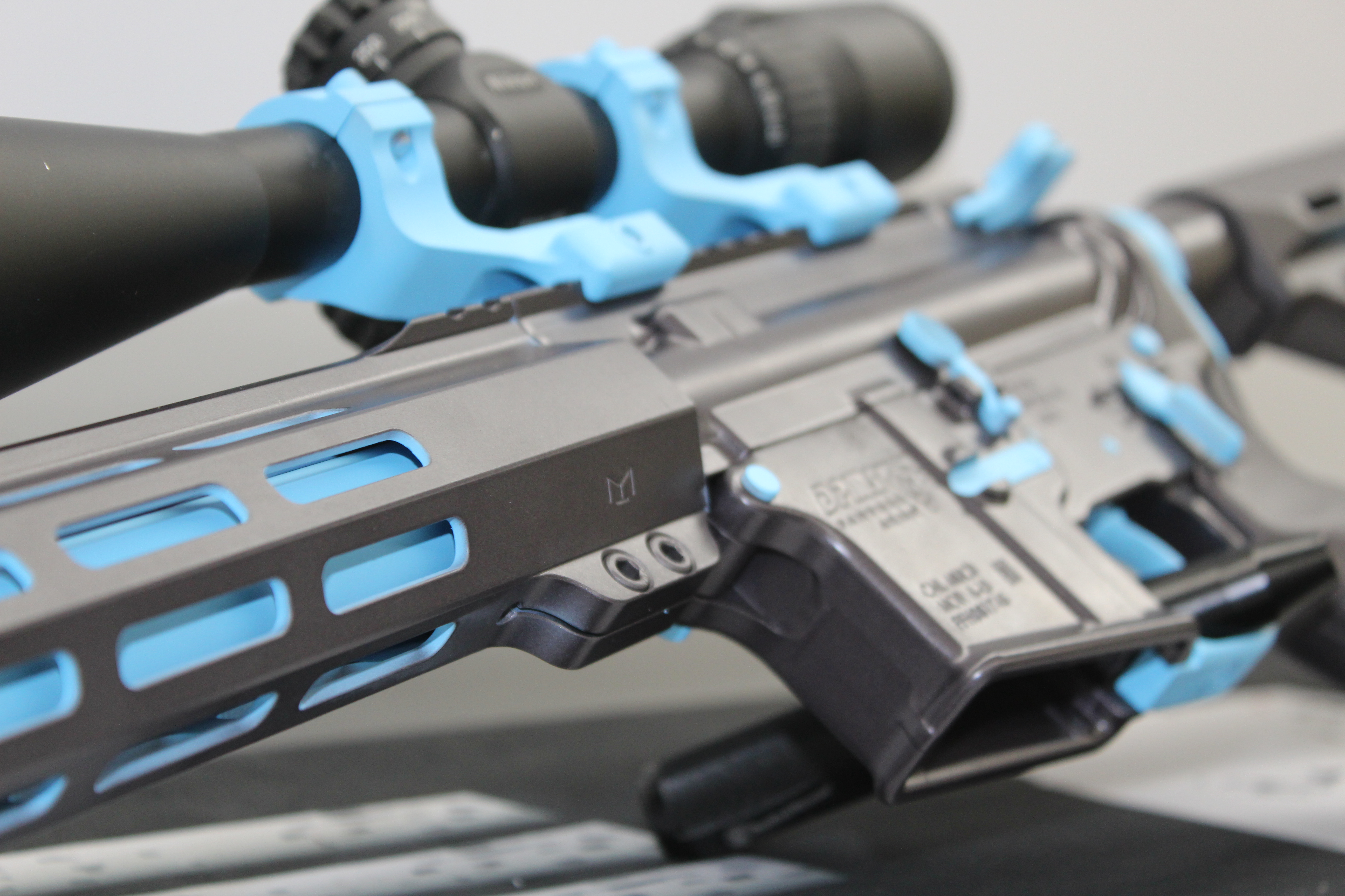 Ar 15 Blue Raspberry Custom AR Rifle Cerakoted using Blue Raspberry and Carbon Grey | Cerakote