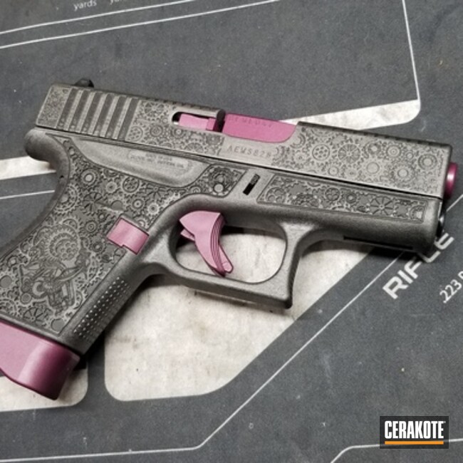 Custom Engraved Glock 43 Cerakoted Using Black Cherry, Titanium And Graphite Black