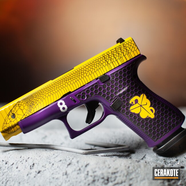Kobe Black Mamba Themed Glock Pistol Cerakoted Using Corvette Yellow And Lollypop Purple