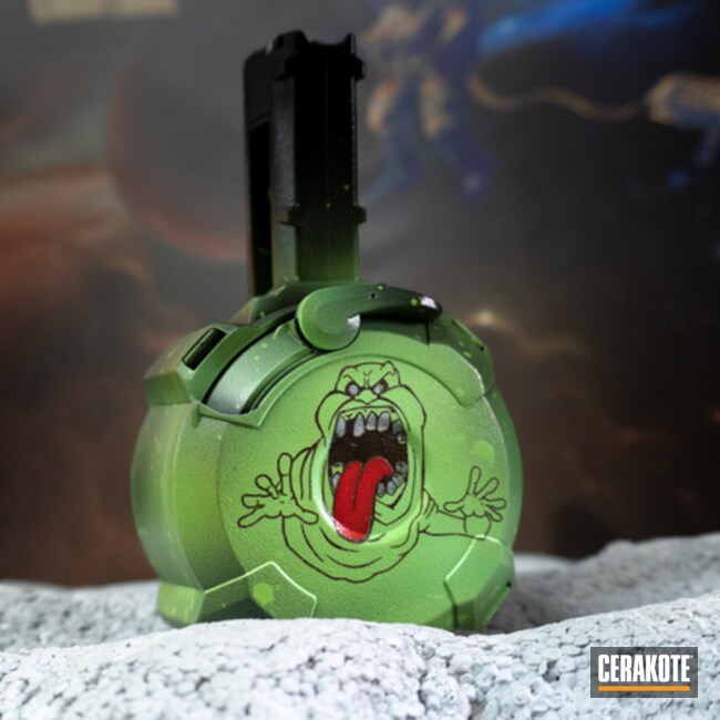 Slimer The Ghostbusters Themed Drum Mag Cerakoted Using Usmc Red, Bright White And Zombie Green