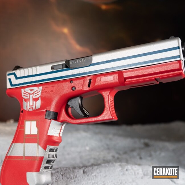 Optimus Prime Themed Glock Pistol Cerakoted Using Satin Aluminum, Usmc Red And Bright White