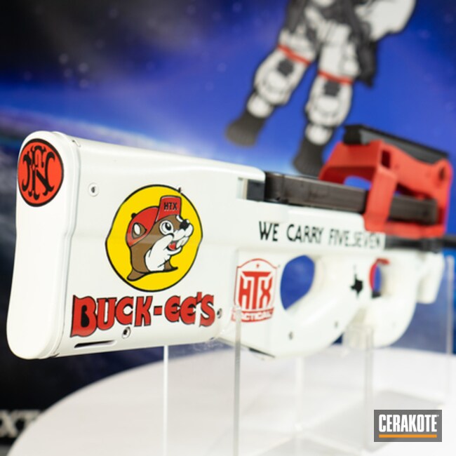 Buck-ee's Themed P90 Cerakoted Using Snow White, Usmc Red And Corvette Yellow