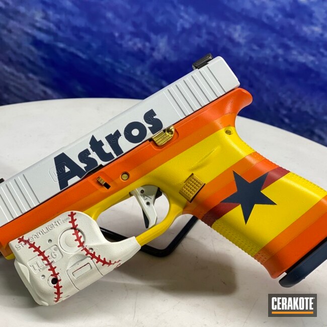 Astros Themed Glock Pistol Cerakoted Using Hunter Orange, Snow White And Corvette Yellow