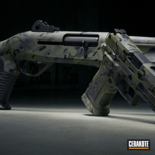 Custom Multicam Benelli Shotgun And Sig Sauer P320 Pistol Cerakoted Using Sniper Green, Sig™ Dark Grey And Graphite Black