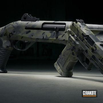 Custom Multicam Benelli Shotgun And Sig Sauer P320 Pistol Cerakoted Using Sniper Green, Sig™ Dark Grey And Graphite Black