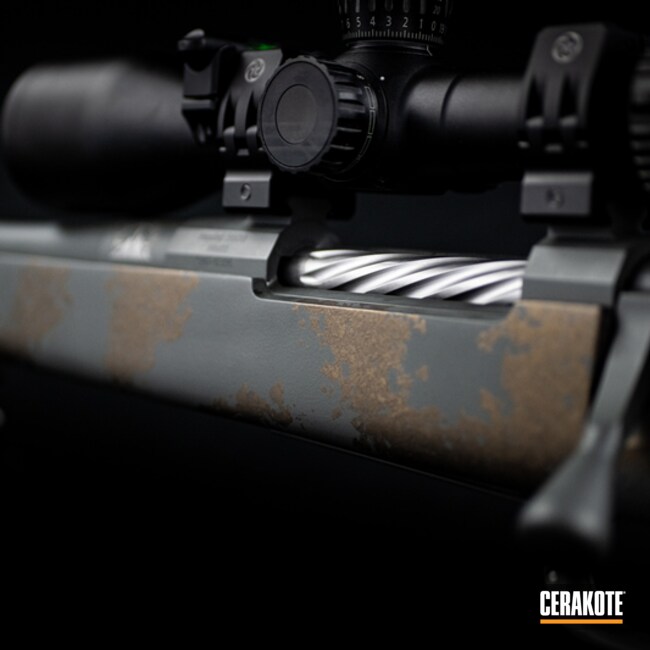 Snowy Mountain Bolt Action Rifle Cerakoted Using Midnight Bronze, Tequila Sunrise And Sig™ Dark Grey