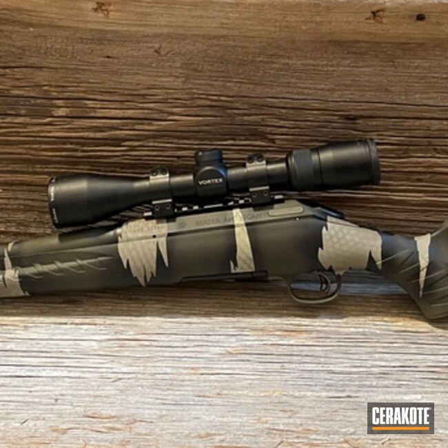Retile Camo Ruger American Bolt Action Rifle Cerakoted Using Armor Black, Desert Sage And O.d. Green