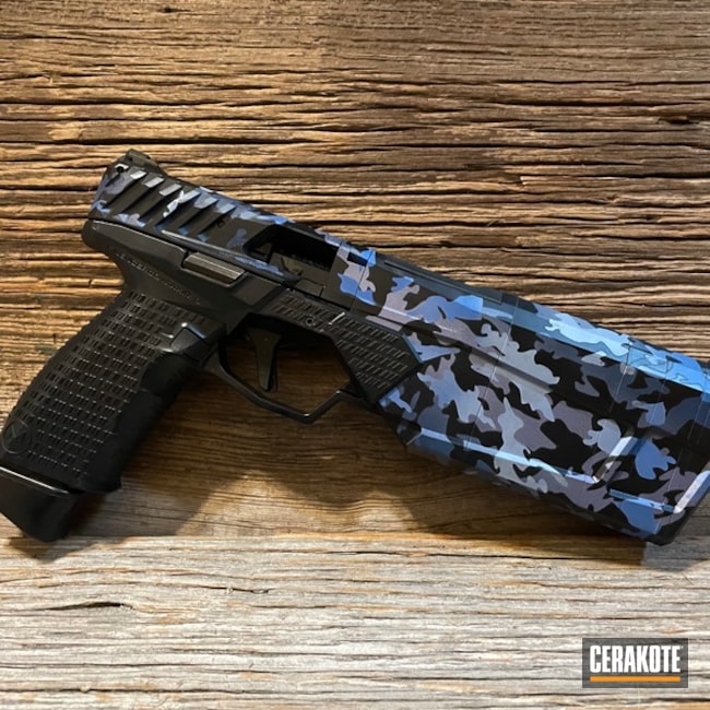 Custom Camo Pistol Cerakoted Using Crushed Orchid, Polar Blue And Nra Blue