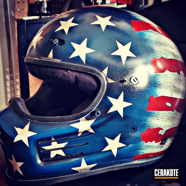 United States Flag Themed Simpson Motorcycle Helmet Cerakoted Using Stormtrooper White, Usmc Red And Nra Blue