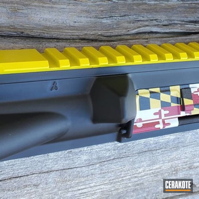 Handguard And Barrel Cerakoted Using Electric Yellow, Usmc Red And Graphite Black