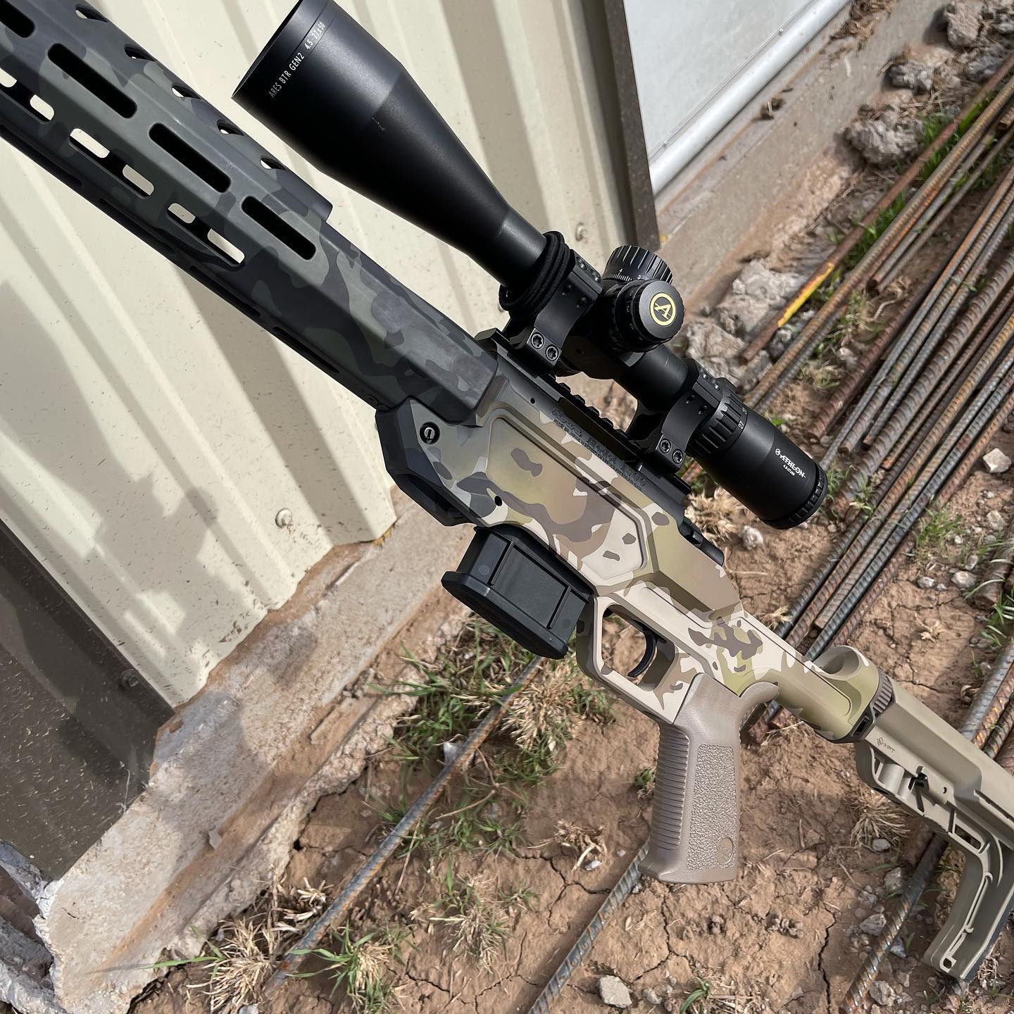 Customized Desert Rifle Custom Camo Rifle Chassis Cerakoted using Armor Black, Desert Sand and ...