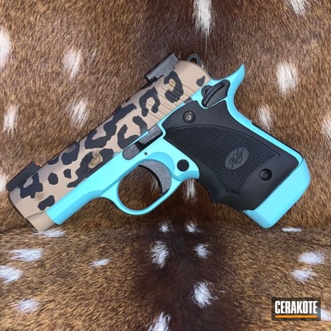 Cheetah Print Themed Kimber Micro 9 Pistol Cerakoted Using Desert Sand, Robin's Egg Blue And Burnt Bronze