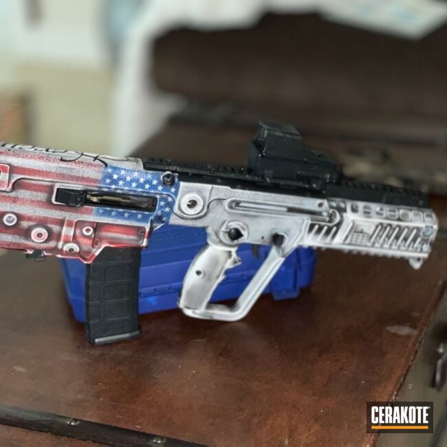 Distressed United States Flag Themed Tavor Cerakoted Using Stormtrooper White, Usmc Red And Nra Blue