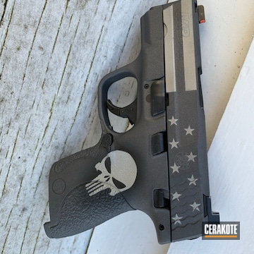 Punisher Themed Smith & Wesson Shield Cerakoted Using Bright Nickel, Graphite Black And Tungsten