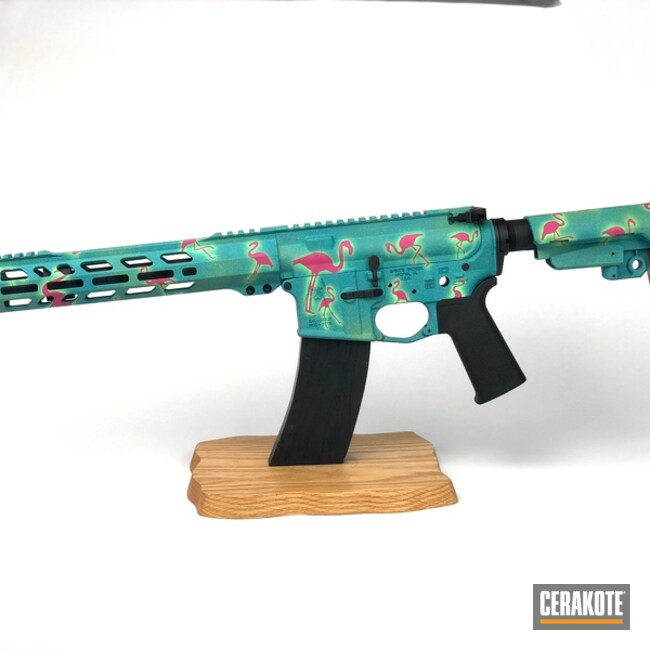 Glow In The Dark Flamingo Themed Ar Cerakoted Using Pink Sherbet, Blue Raspberry And Parakeet Green