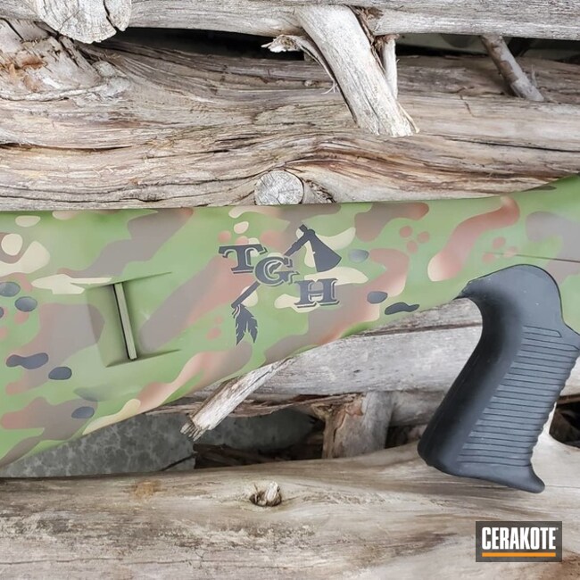 Custom Camo Benelli M4 Shotgun Cerakoted Using Multicam® Dark Brown, Desert Sand And Multicam® Pale Green