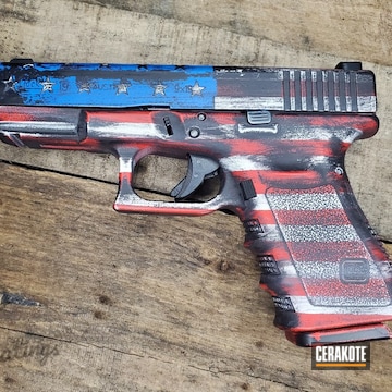 Battleworn American Flag Themed Glock 19 Pistol Cerakoted Using Crimson, Stormtrooper White And Nra Blue