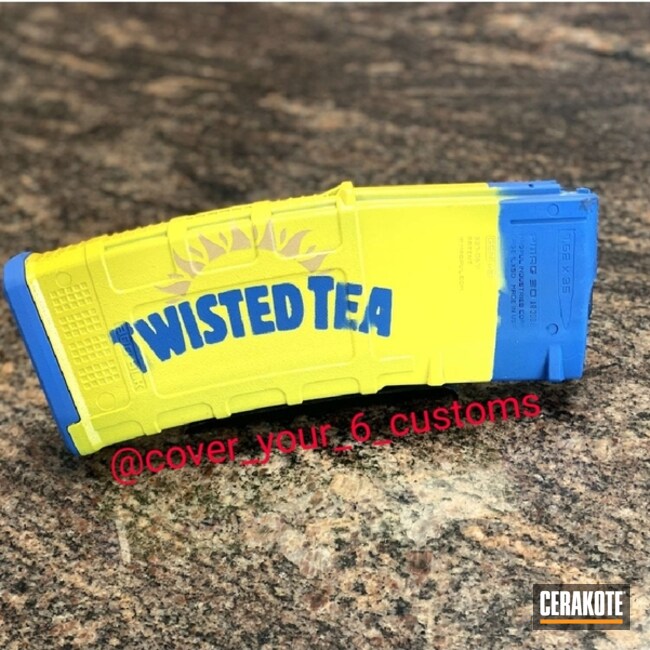 Twisted Tea Themed Mag Cerakoted Using Corvette Yellow, Nra Blue And Gold