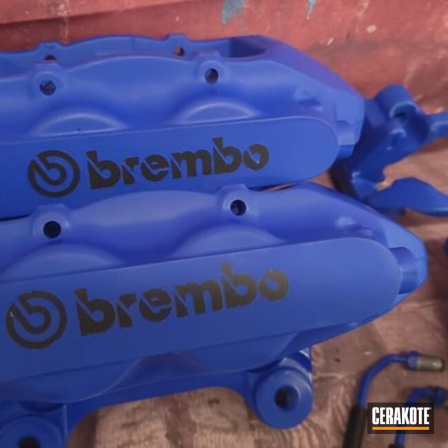 Brembo Calipers And Components Cerakoted Using Graphite Black And Blue Flame